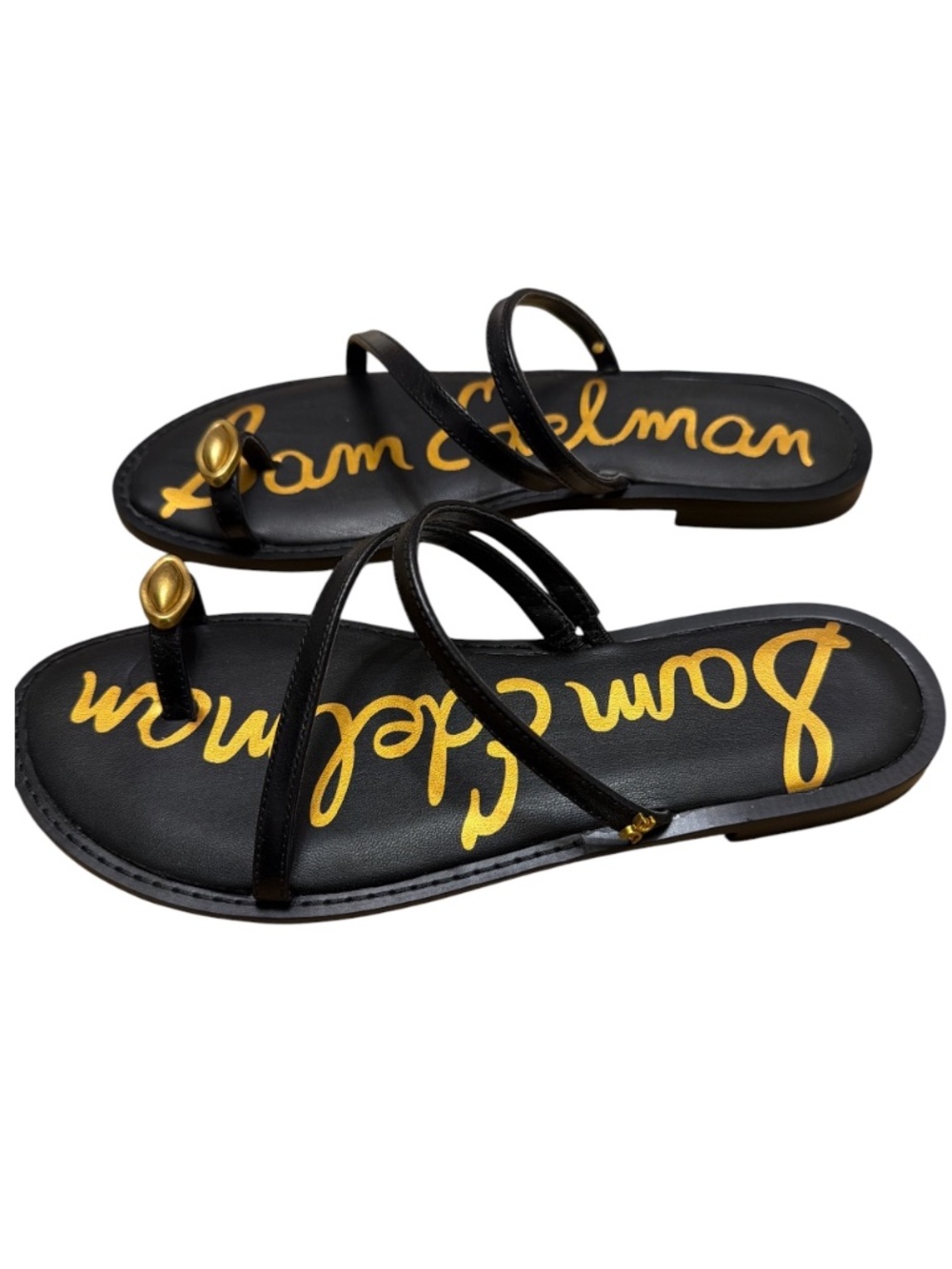 Sam Edelman Harlyn Black Leather Gold Toe Ring Sandals 8.5 NWOB - Picture 2 of 7